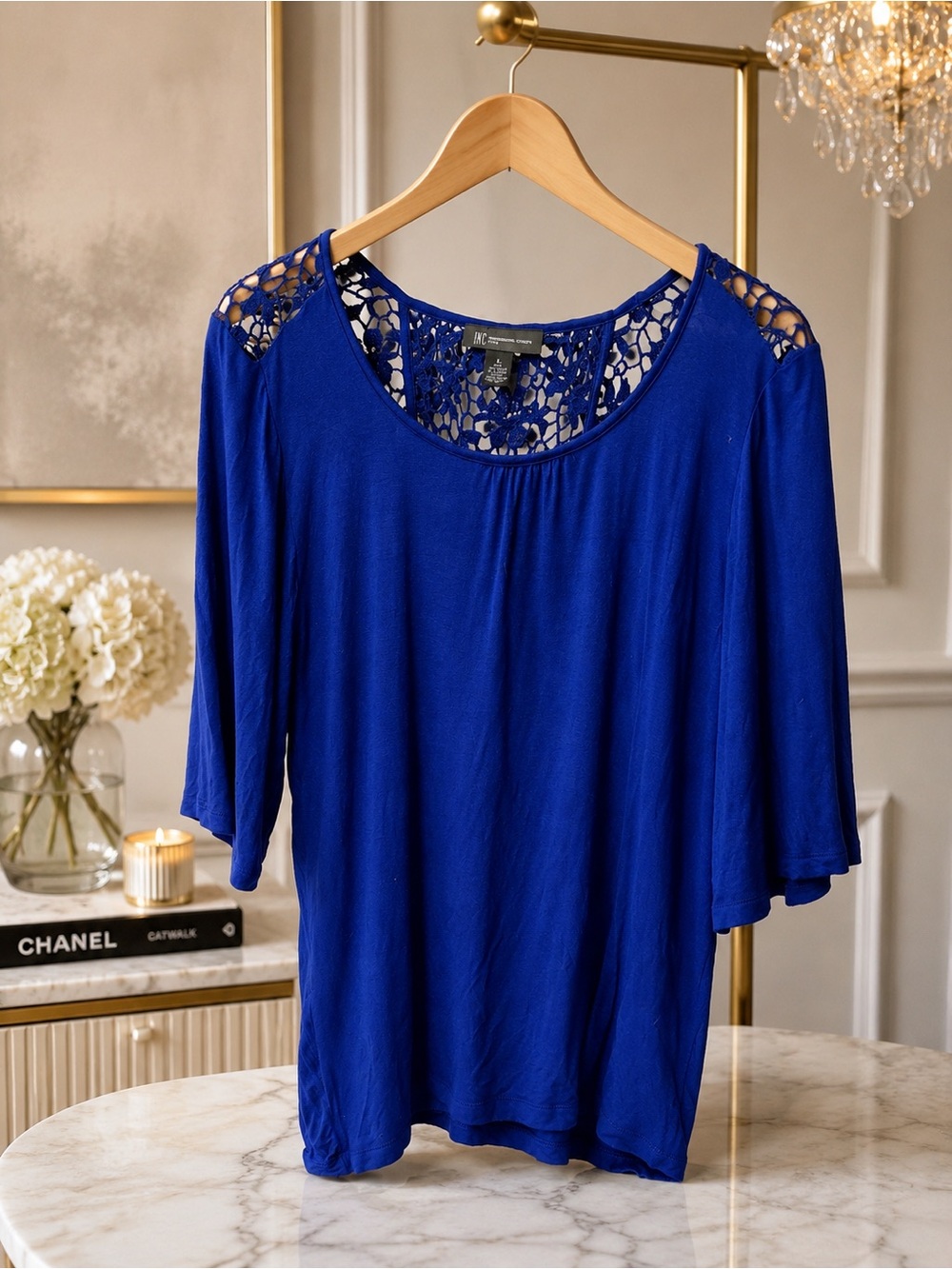 Blue Lace-Shoulder Short Sleeve Top Size Large